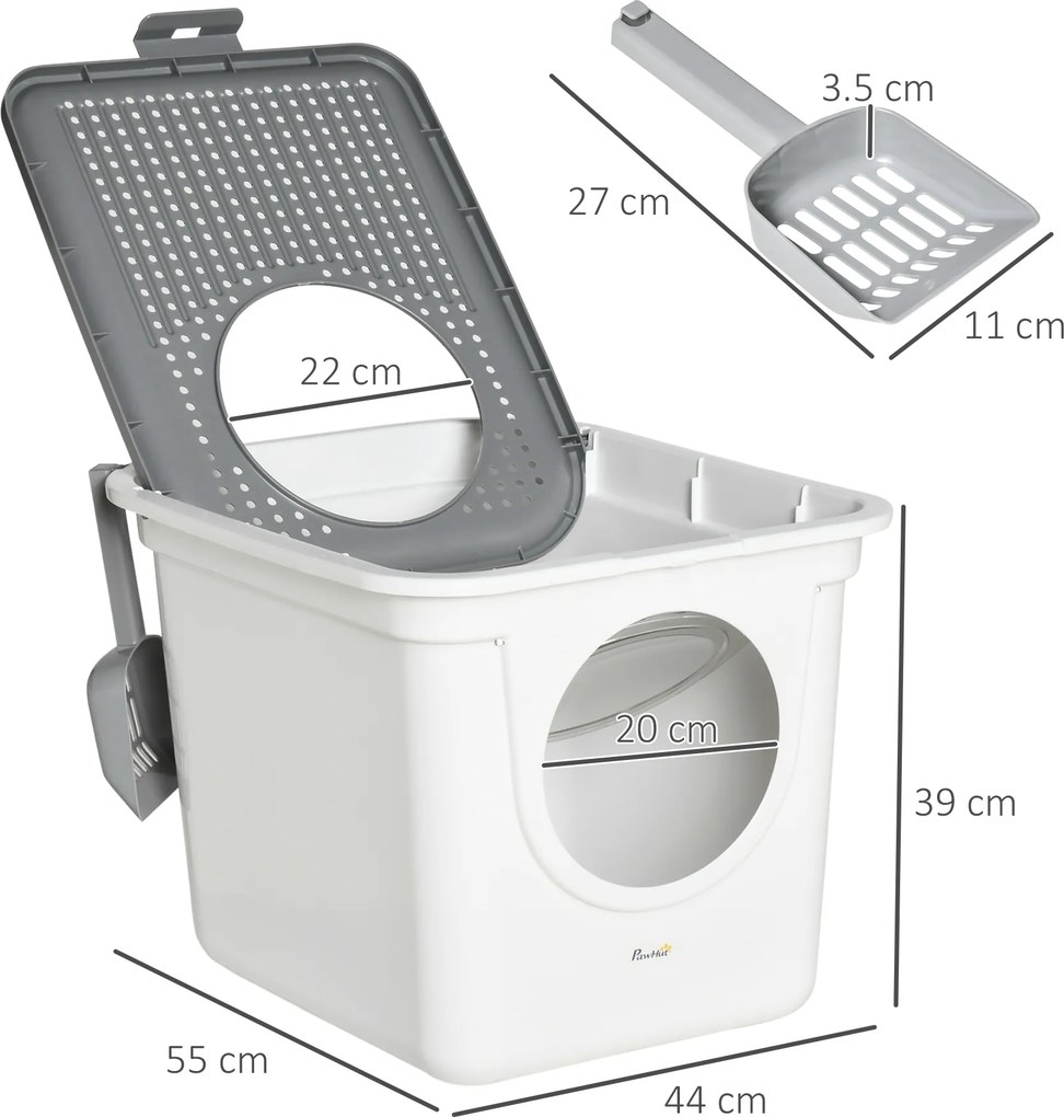 PawHut Litieră Închisă pentru Pisici cu 2 Intrări, cu Tavă și Lopățică, Litieră Acoperită din Plastic, 44x55x39 cm, Alb | Aosom Romania