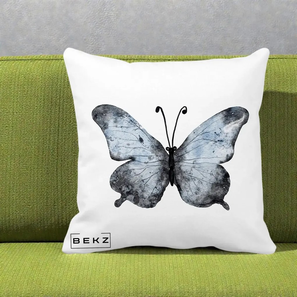 Perna Decorativa Fluture Acuarela Albastru-Gri, 40x40 cm, Alba Mata, Husa Detasabila, Perna Inclusa, BEKZ®