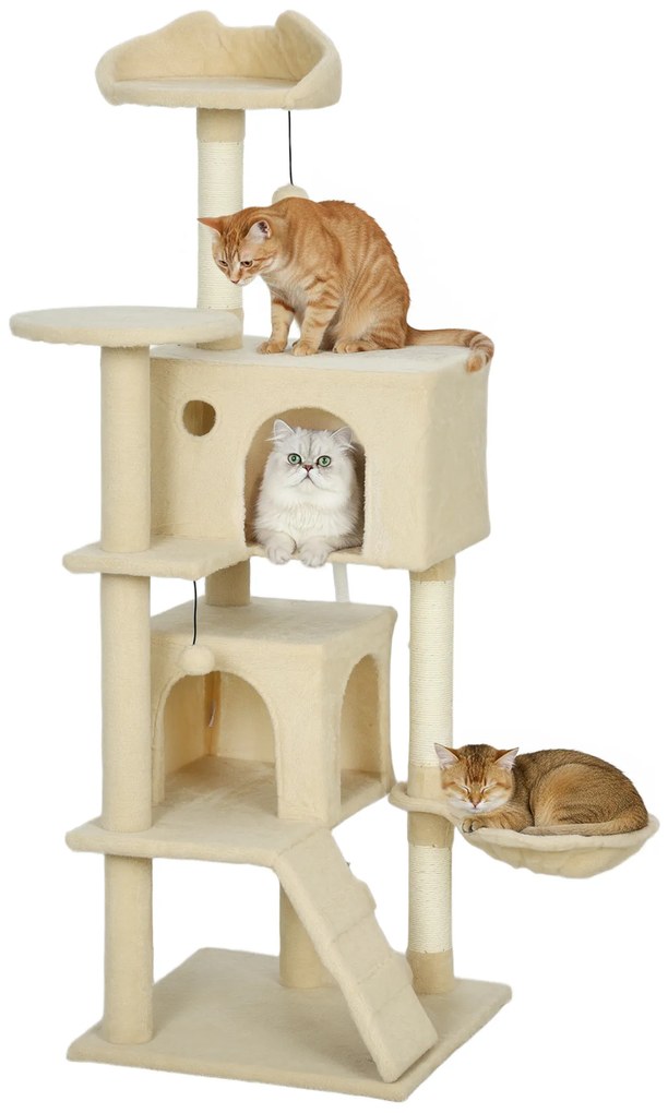 PawHut Copac zgâriat pentru pisici 140 cm cu hamac, 2 cuiburi și stâlpi din sisal — bej | Aosom Romania