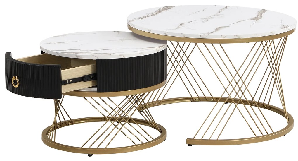 Set de 2 Măsuțe de Cafea Moderne Modulare din Marmură Sintetică cu Detalii Aurii și Sertare, Dimensiuni 70x70x45 cm și 50x50x40 cm, Alb