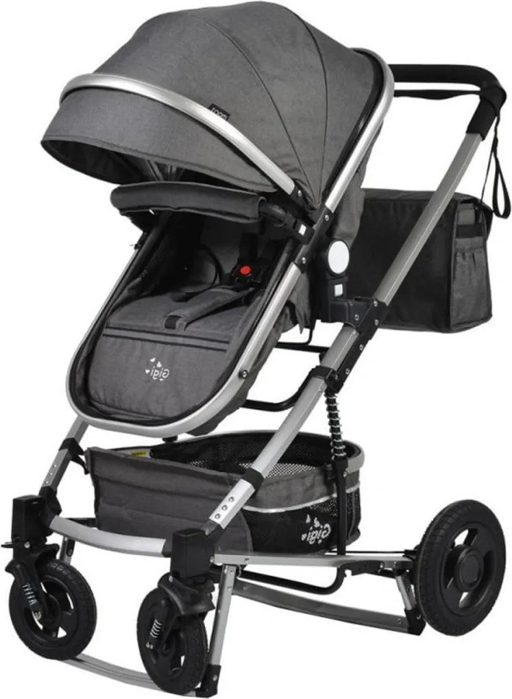 Carucior nou nascuti 2 in 1 NOVOKIDS™ GIGI PRO , Cu geanta bebe inclusa, Roti din cauciuc plin AVE, Cadru aluminiu Silver, Maner reversibil, Spatar