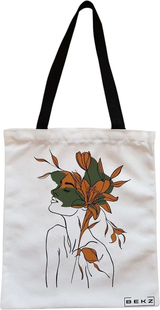 Sacosa de Panza pentru Cumparaturi, Geanta Tote, Flower Lady 6, Cu fermoar, 38x34.5 cm, Alba, BEKZ®