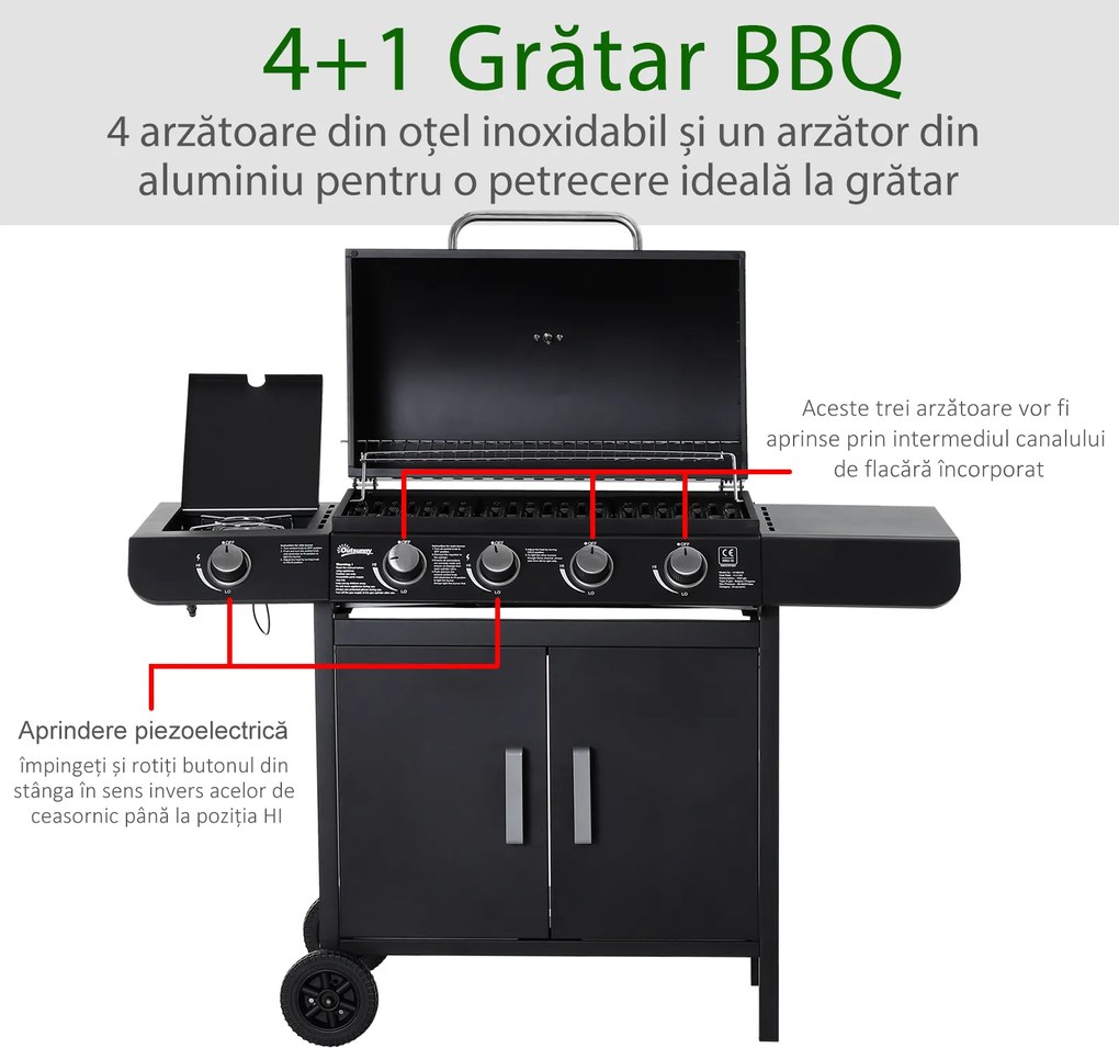 Outsunny Gratar pe Gaz cu 5 Arzatoare Rafturi Laterale si Dulap Inferior cu Usa, Gratar de Gradina cu Roti din Otel si PP, 125x51x100 cm, Negru