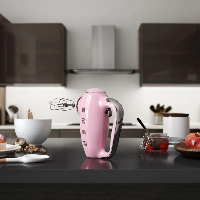 Mixer manual SMEG 50's Style HMF01PKEU, 250 W, 9 viteze, Functie Turbo, Afisaj LED, Timer, Accesorii, Roz