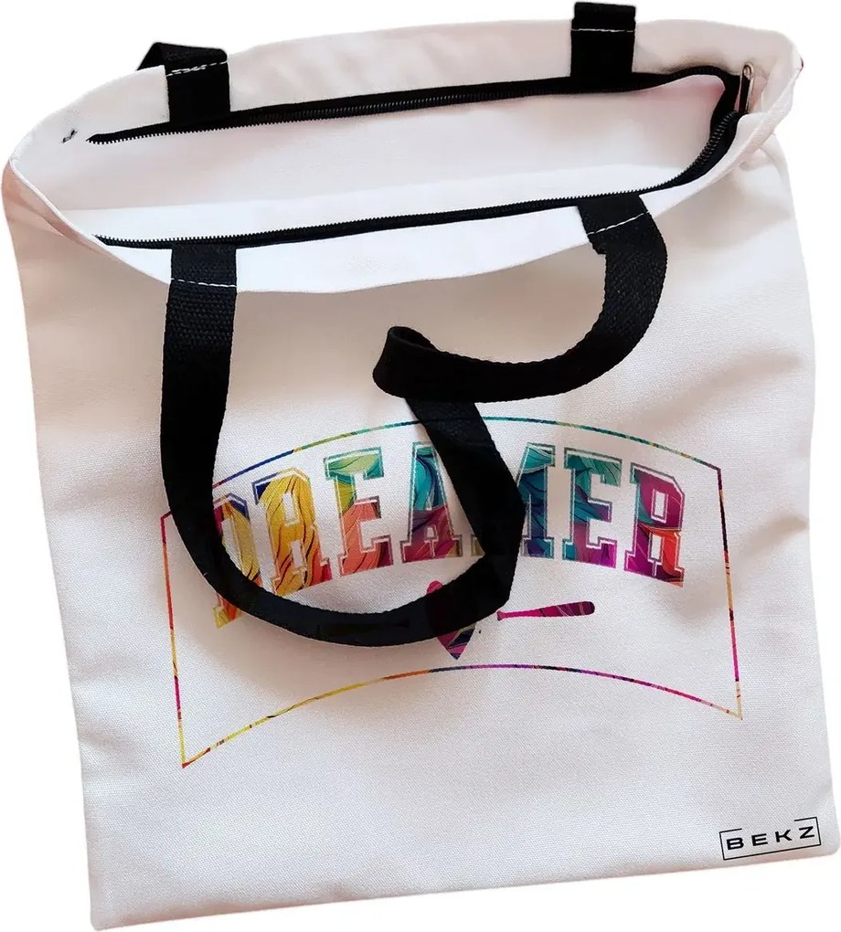 Sacosa de Panza pentru Cumparaturi, Geanta Tote, model Dreamer, Cu fermoar, 38x34.5 cm, Alba, BEKZ®