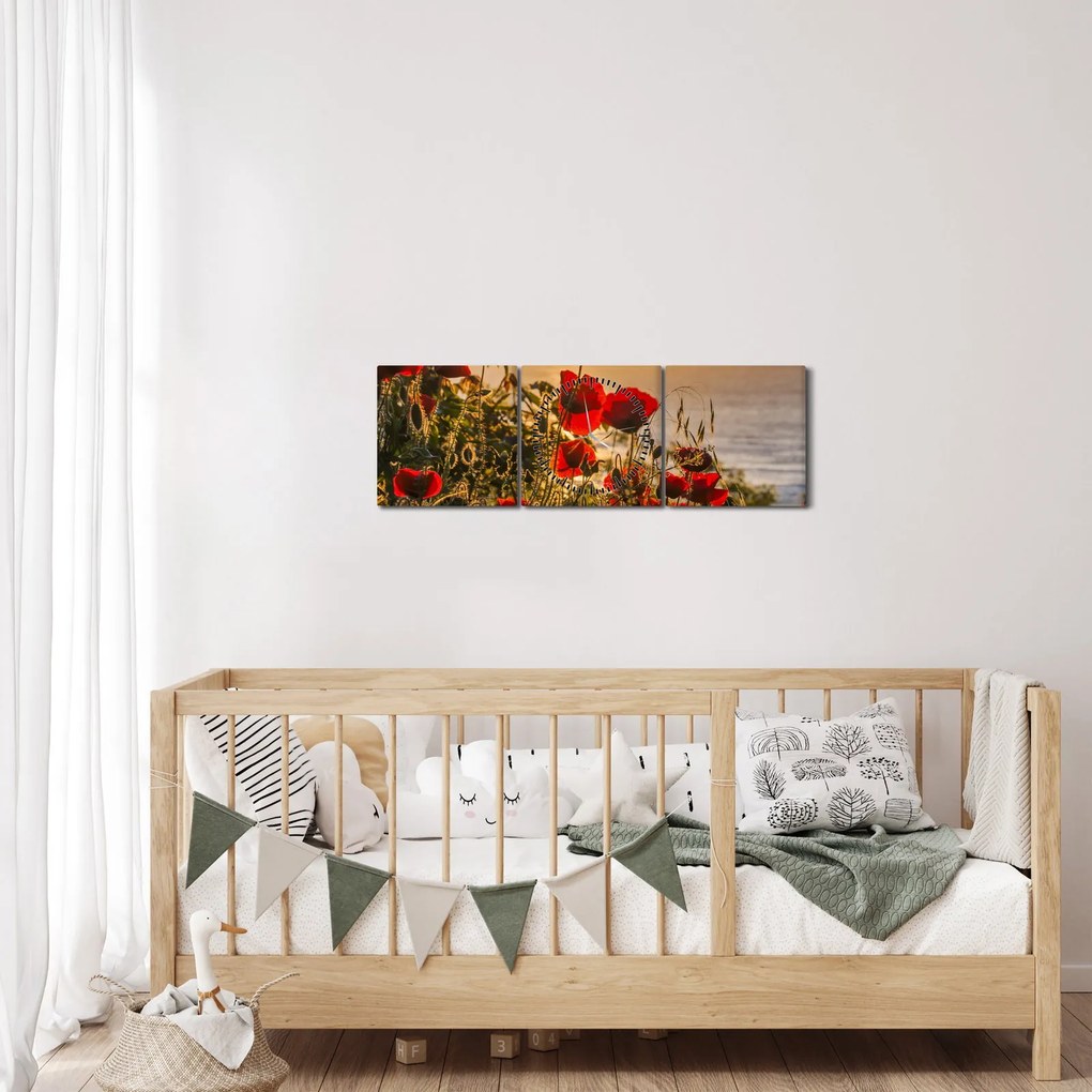 Tablou cu apus de soare cu flori de maci (cu ceas) (90x30 cm)