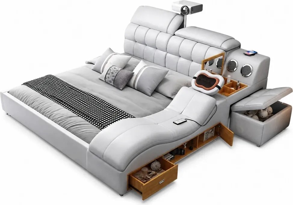 MOBLUX99 Utility 160x200 cm Light Grey Left Chaise – Pat Inteligent Premium cu Proiector, Vibromasaj, Boxe Bluetooth, Încărcare Wireless și Spații Multiple de Depozitare