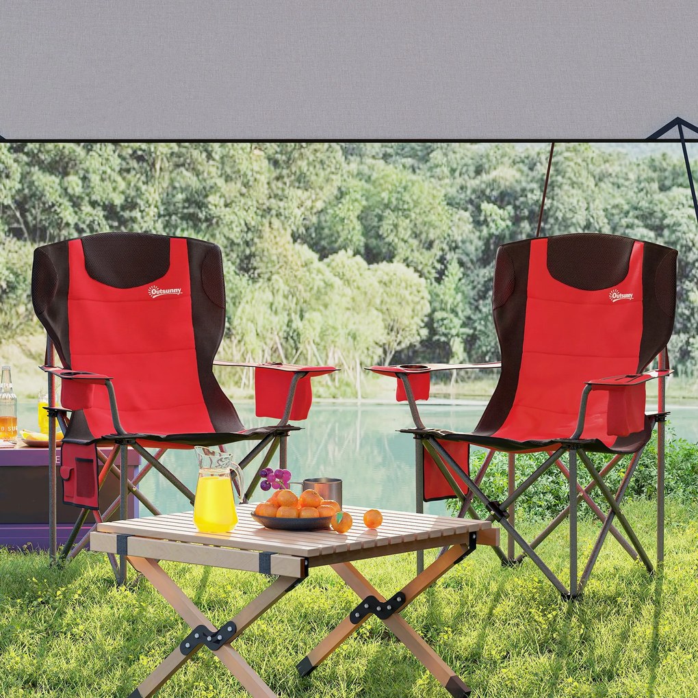 Outsunny Set 2 Scaune de Camping Pliabile cu Geantă Frigorifică, Suport pentru Pahare și Tetieră, 94x62x100 cm, Roșu | Aosom Romania