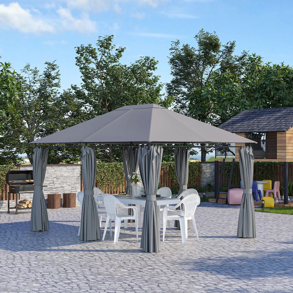 Outsunny 3x4 m Gazebo de Exterior din Oțel cu 6 Perdele Detașabile și Orificii de Drenaj, Gri | Aosom Romania