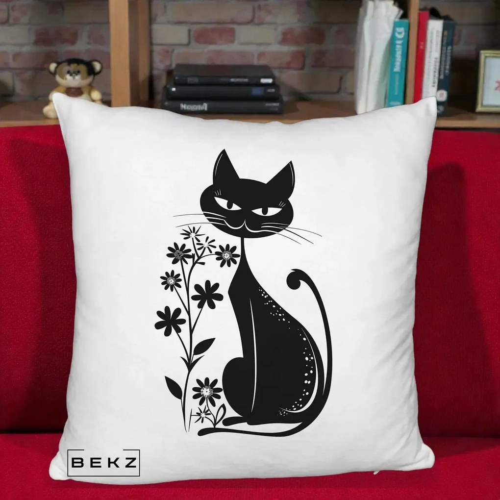 Perna Decorativa Pisica Neagra Grafica Minimalista, 40x40 cm, Alb Pufos, Husa Detasabila, Perna Inclusa, BEKZ®