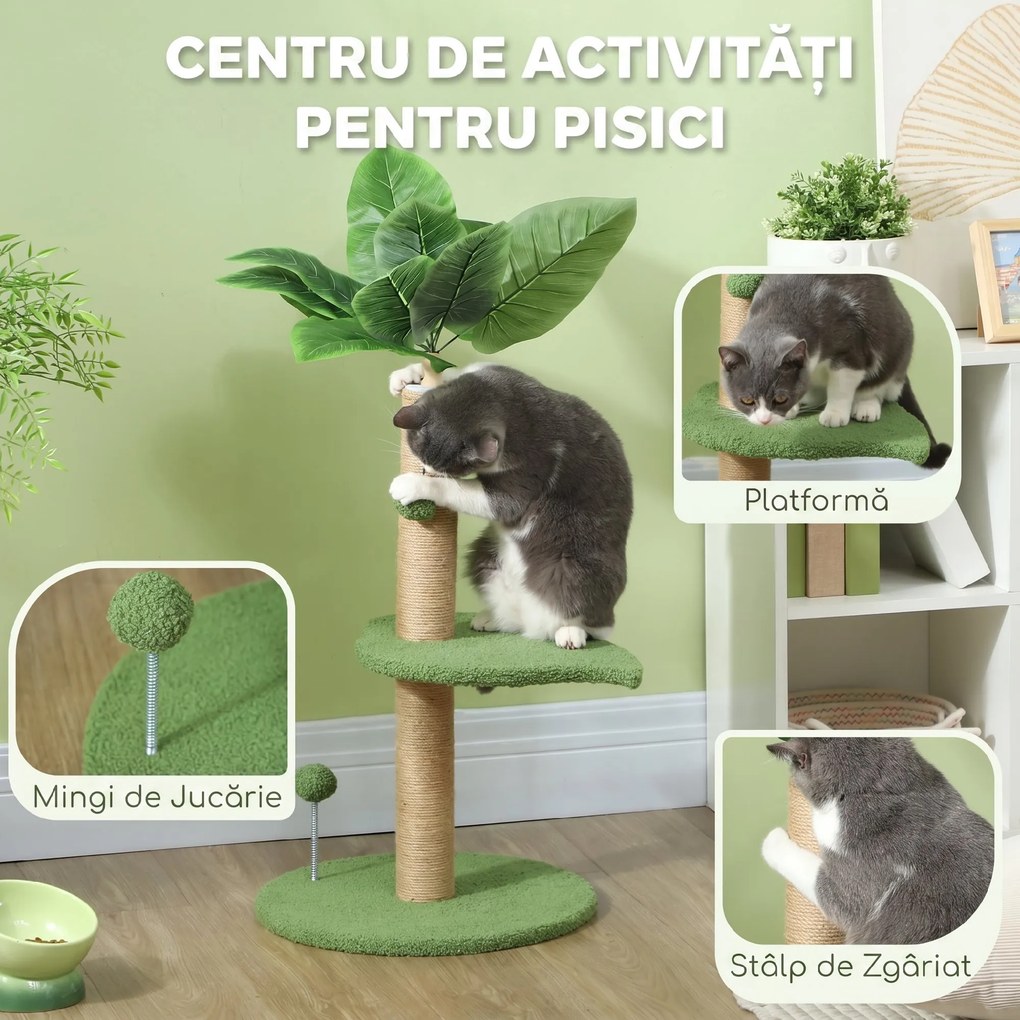 PawHut Arbore pentru Pisici cu Stâlp de Zgâriat, Platforme și Mingi de Jucărie, Ø40x83 cm, Verde | Aosom Romania