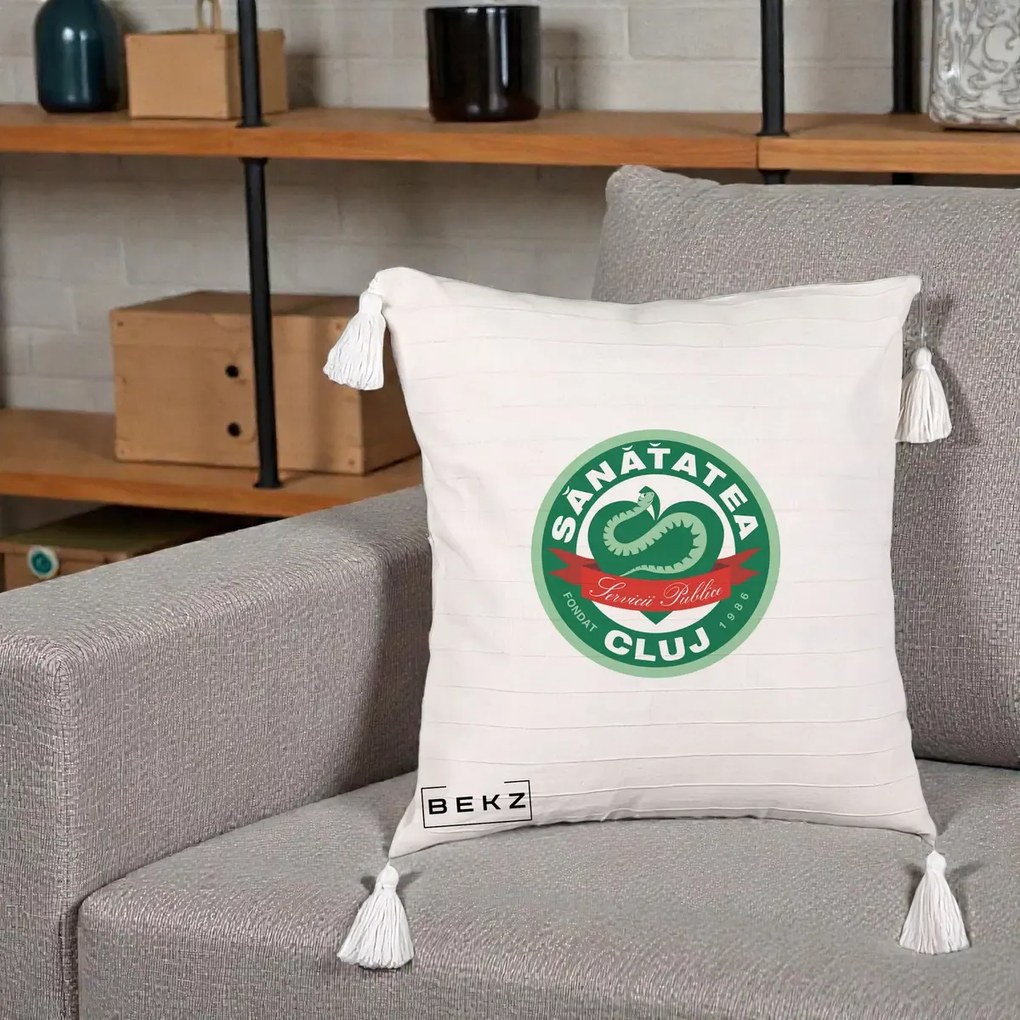Perna Personalizata Sanatatea Cluj Servicii Publice 1986, 40x40 cm, Bej cu Franjuri, Husa Detasabila, Perna Inclusa, BEKZ®