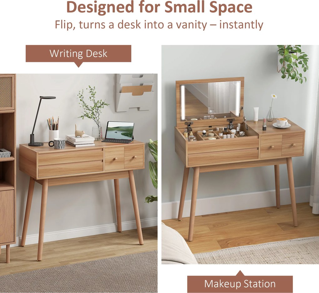 HOMCOM Masă de Toaletă pentru Machiaj cu Oglindă Rabatabilă și Lumini LED, Stație de Machiaj cu 3 Sertare, Compartimente Interne și Picioare din Pin, Masă de Toaletă pentru Dormitor, Modernă, 100x40x87 cm, Culoare Nuc | Aosom Romania