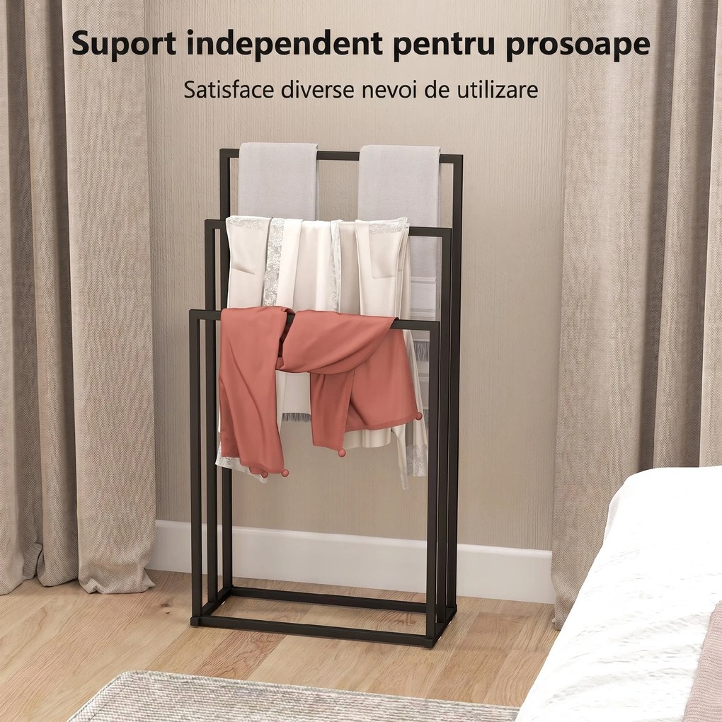 HOMCOM Suport pentru Prosoape de Podea cu 3 Brate Autoportant din Oțel, 45x21.5x85 cm | Aosom Romania