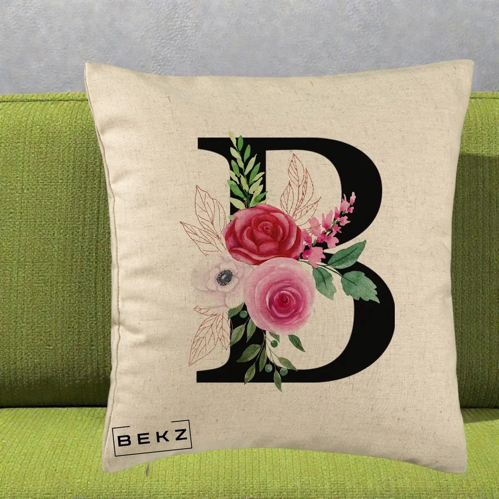 Cadou Personalizat - Perna Personalizata Monograma Florala Litera B, 40x40 cm, Bej, Husa Detasabila, Perna Inclusa, BEKZ®
