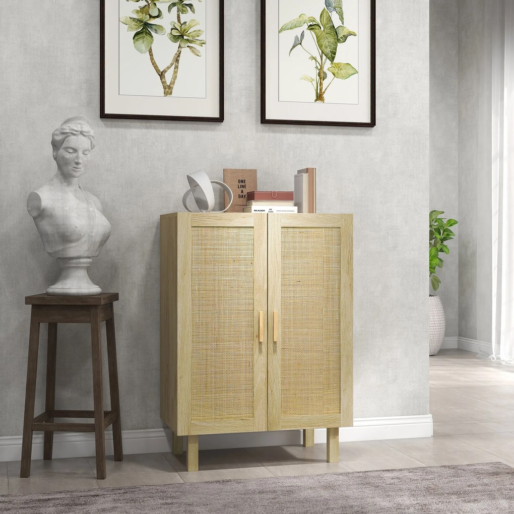 HOMCOM Bufet înalt mobilier de depozitare design boem cu duble uși cu 3 rafturi împletite - 73 x 41 x 102 cm | Aosom Romania