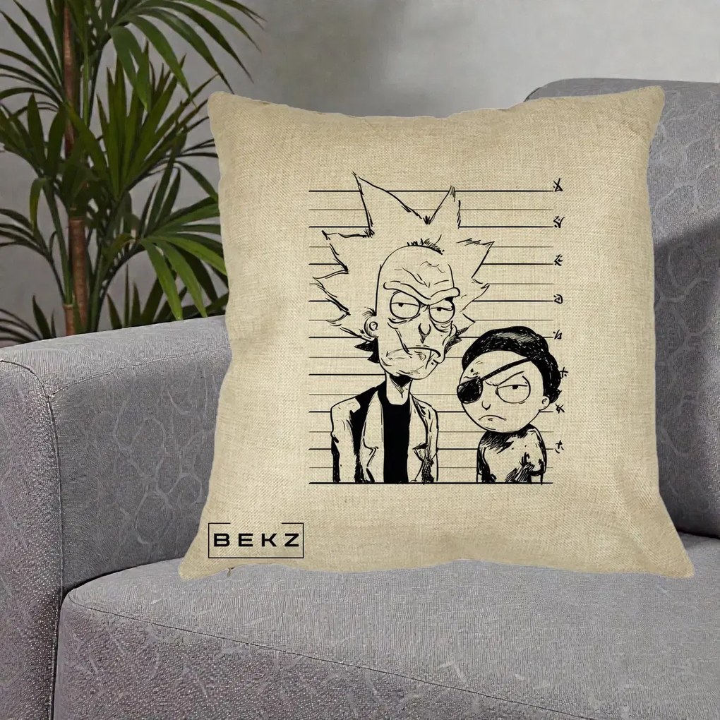 Perna Personalizata Rick si Morty Dosar, 40x40 cm, Crem, Husa Detasabila, Perna Inclusa, BEKZ®