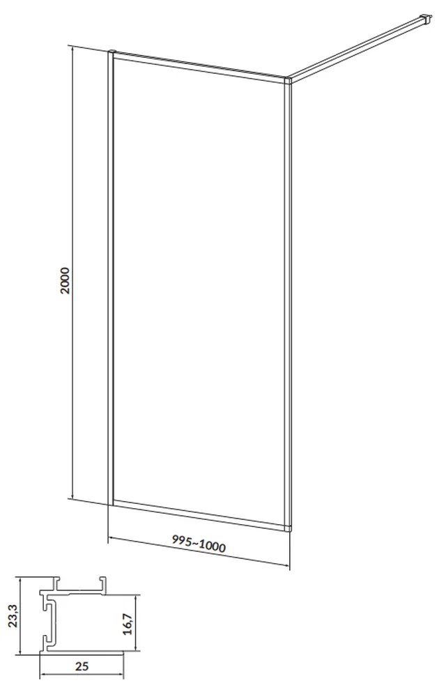 Paravan dus walk-in 100x200 cm Cersanit Larga, sticla securizata, profil crom 1000x2000 mm, Crom lucios