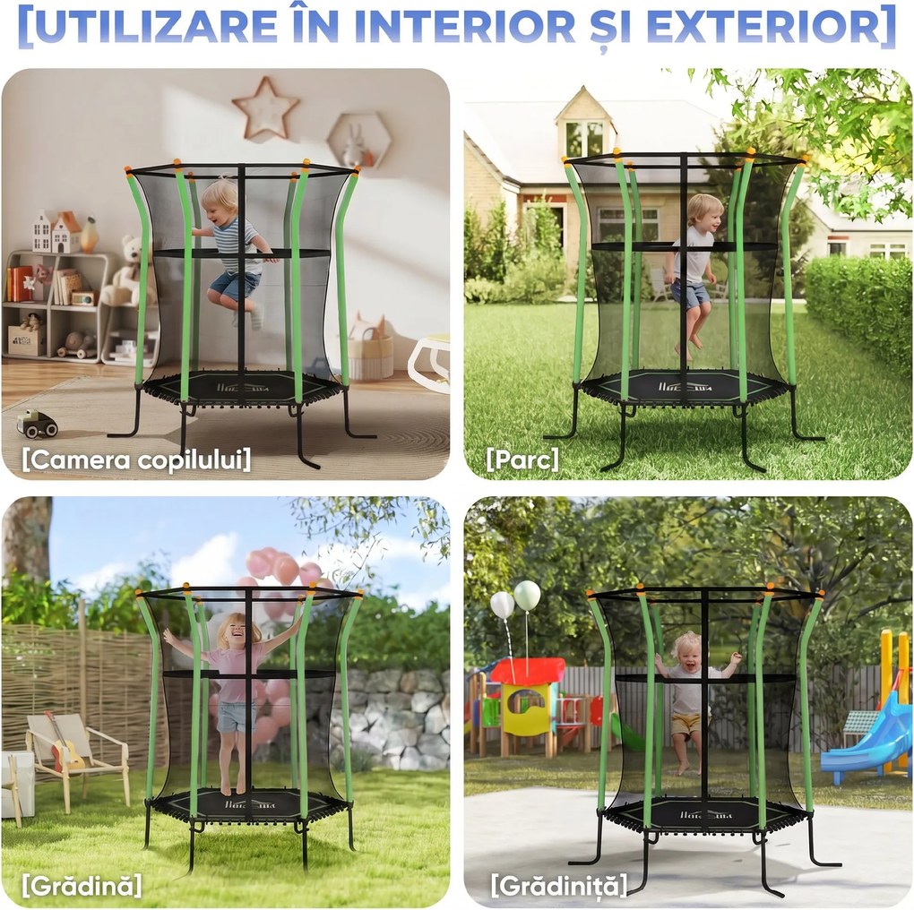 HOMCOM Trambulină Elastică pentru Copii 3-10 Ani cu Intrare cu Fermoar și Bare Căptușite, Ø163.5x190 cm, Verde | Aosom Romania