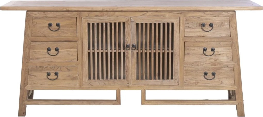 Bufet rustic în stil oriental, din lemn de ulm reciclat, natur, cu 2 uși cu grilaj, 6 sertare și siluetă trapezoidală, 79 x 180 x 42 cm, „Joyeuse”