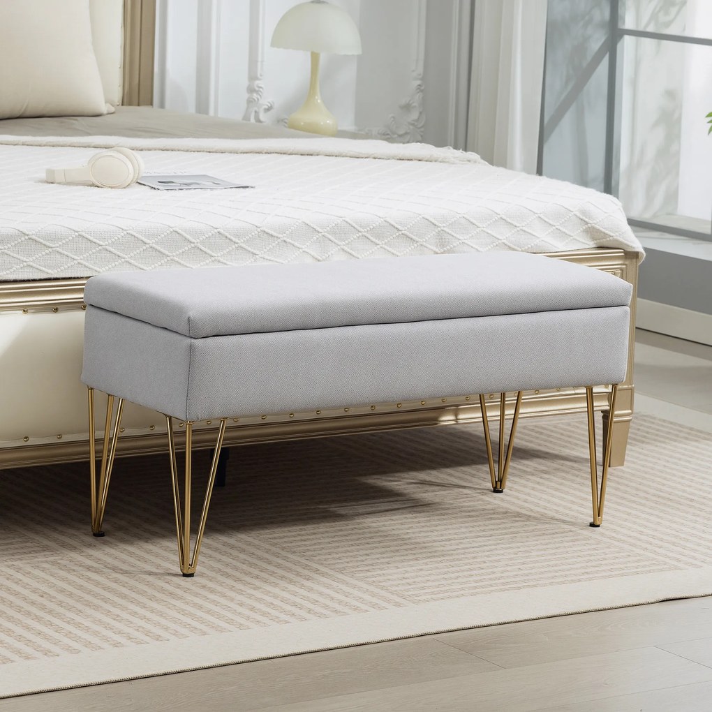 HOMCOM Bancă cu Depozitare din Material Textil și Picioare din Oțel, 100x40x49 cm, Gri Deschis | Aosom Romania