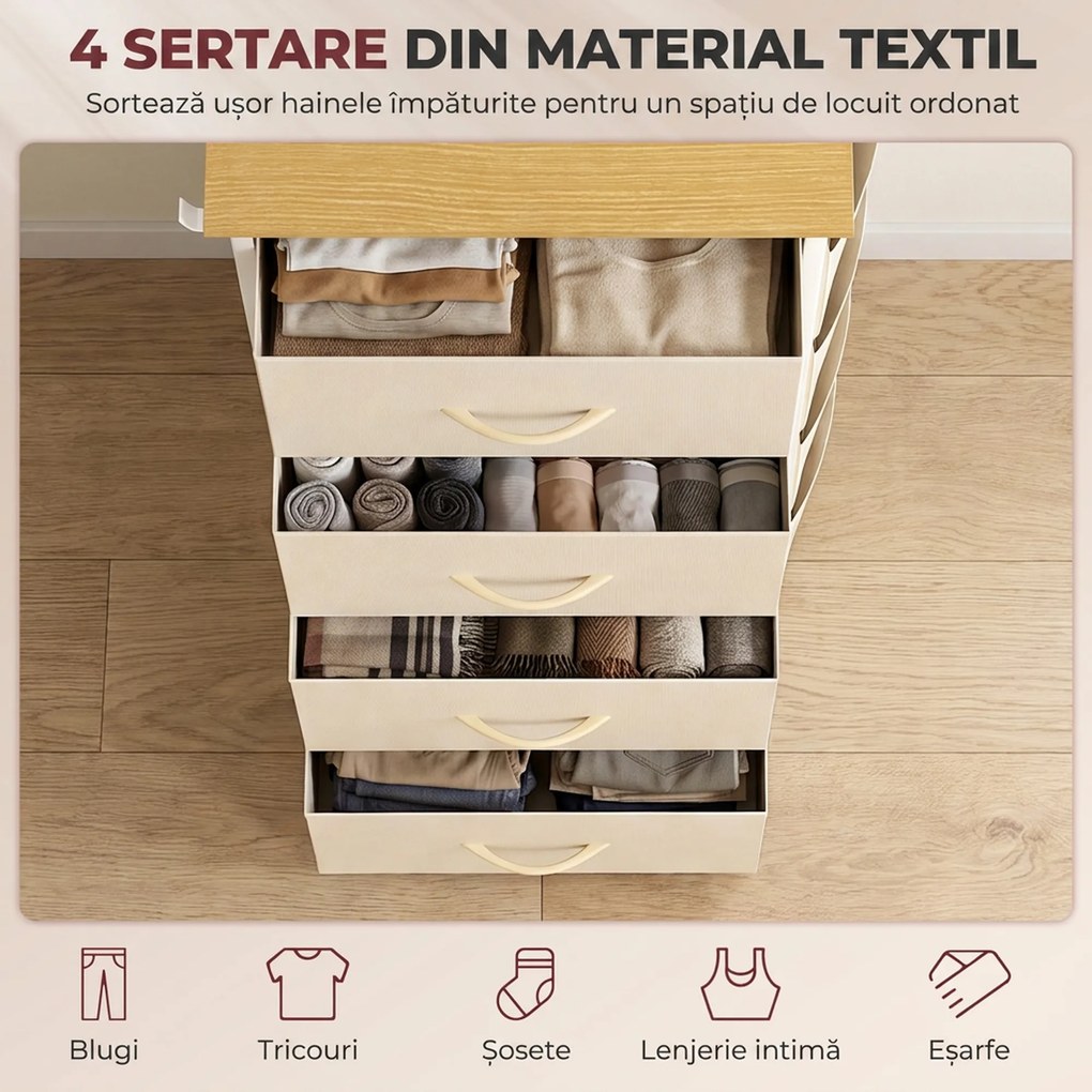 HOMCOM Comodă înaltă cu 4 sertare din material textil, bej | Aosom Romania