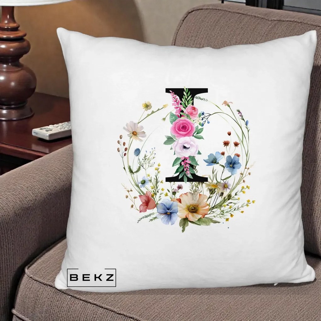 Cadou Personalizat - Perna Personalizata Monogram Litera I cu Flori Acuarela, 40x40 cm, Alb Pufos, Husa Detasabila, Perna Inclusa, BEKZ®