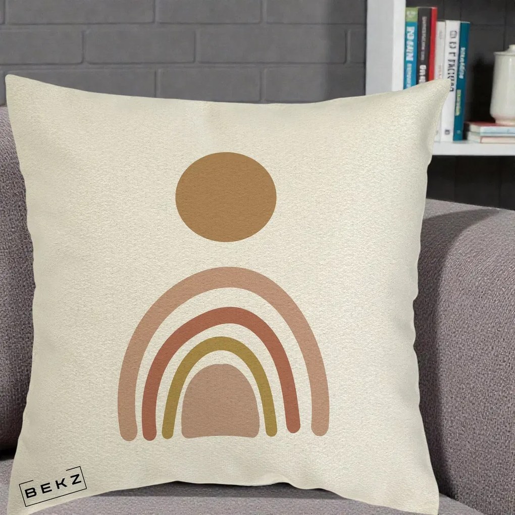 Perna Decorativa Boho Rainbow Sun, 40x40 cm, Ecru, Husa Detasabila, Perna Inclusa, BEKZ®