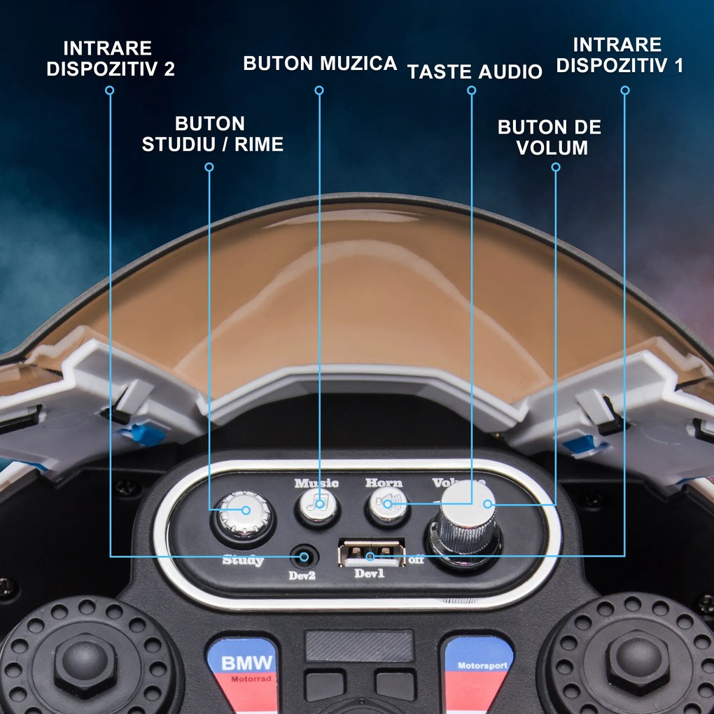 Motocicleta electrica pentru copii 18-60 luni HOMCOM BMW HP4 cu licenta, 3 roti 6V, Albastru| Aosom Romania