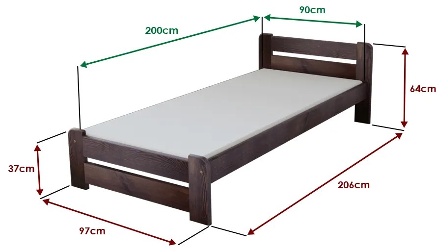 Pat de o persoana Laura 90x200 cm, nuc Saltele: Cu saltele Sommera 18 cm, Somiera pat: Cu lamele drepte