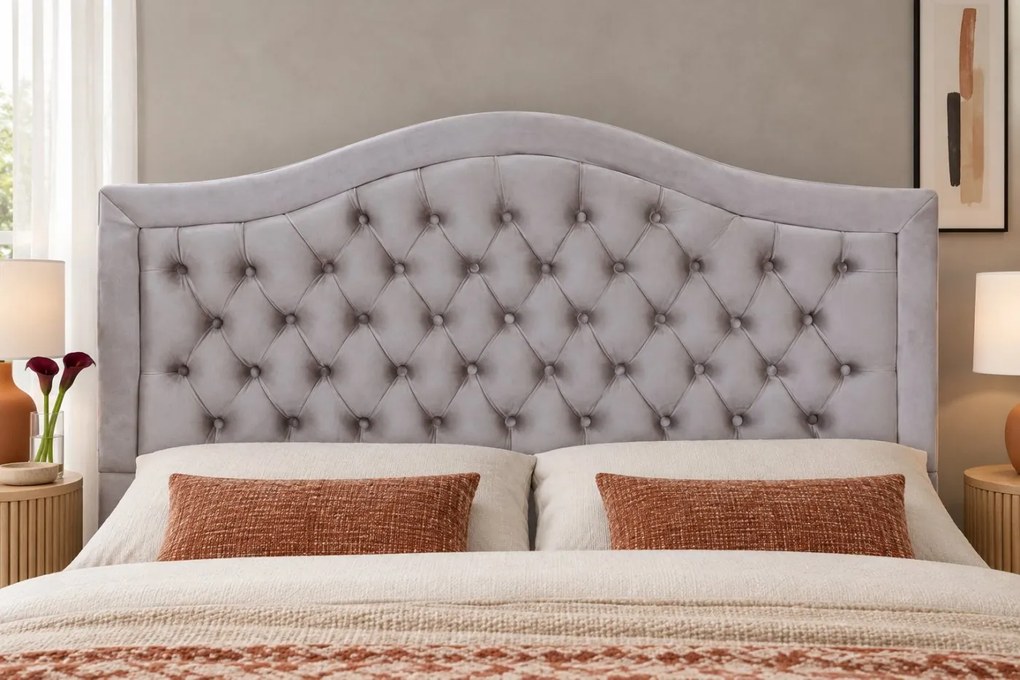 Pat tapițat Chesterfield din catifea Solaria Deluxe 160×200 cm, gri deschis, cu ladă de depozitare