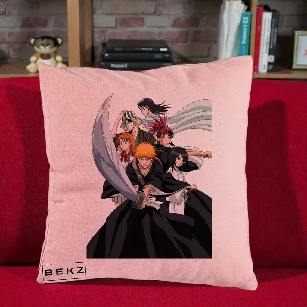Perna Personalizata Bleach Grup Complet Ichigo si Prietenii, 40x40 cm, Roz, Husa Detasabila, Perna Inclusa, BEKZ®