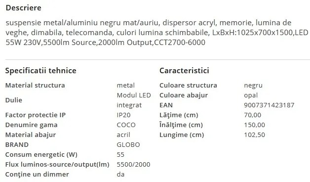 Lustra LED suspendata moderna cu telecomanda COCO 55W