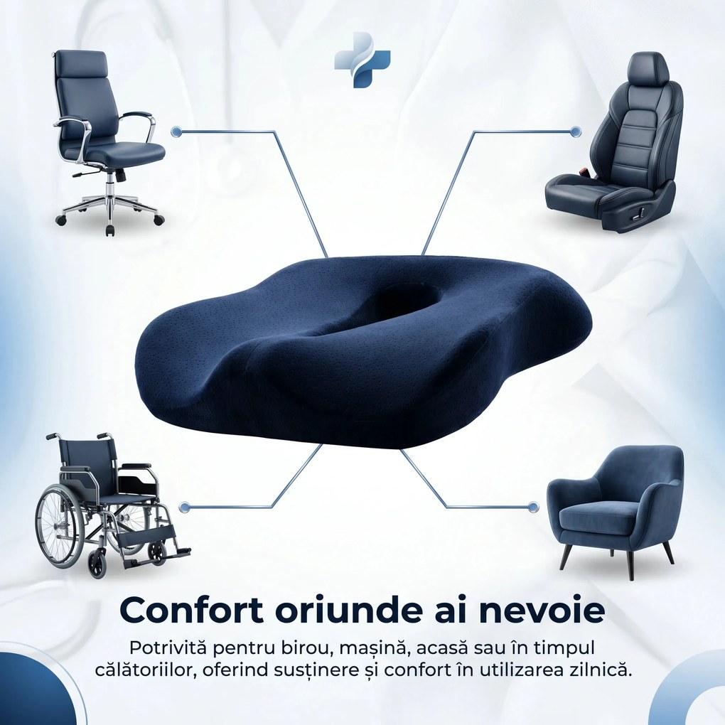 Perna ortopedica sezut memory foam cu decupaj pentru prostata, hemoroizi si coccis, Bleumarin