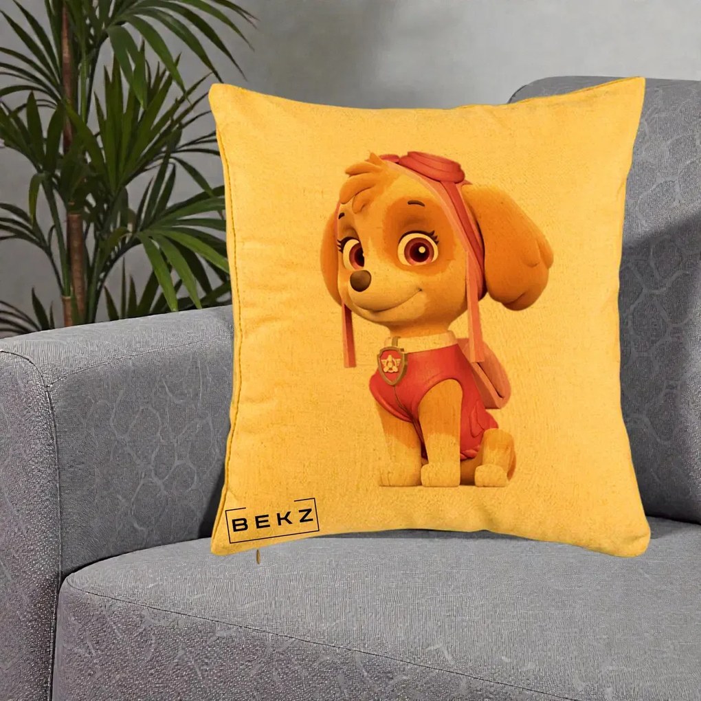 Perna Personalizata Skye PAW Patrol Roz, 40x40 cm, Galben, Husa Detasabila, Perna Inclusa, BEKZ®