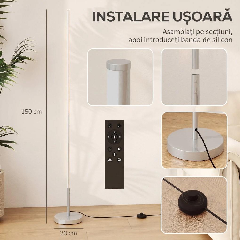 HOMCOM Lampă de Podea LED Reglabilă cu Telecomandă de 150cm Înălțime, Argintiu | Aosom Romania
