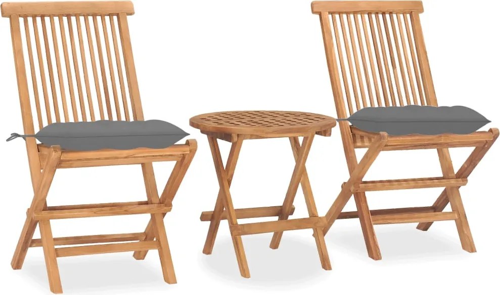 vidaXL Set mobilier pliabil exterior cu perne 3 piese, lemn masiv tec