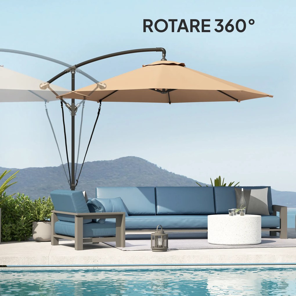 Outsunny Umbrelă de Soare cu Corzi Anti-Vânt, Orificii de Aerisire, Bază în Cruce și Manivelă, Φ290x243 cm, Gri | Aosom Romania