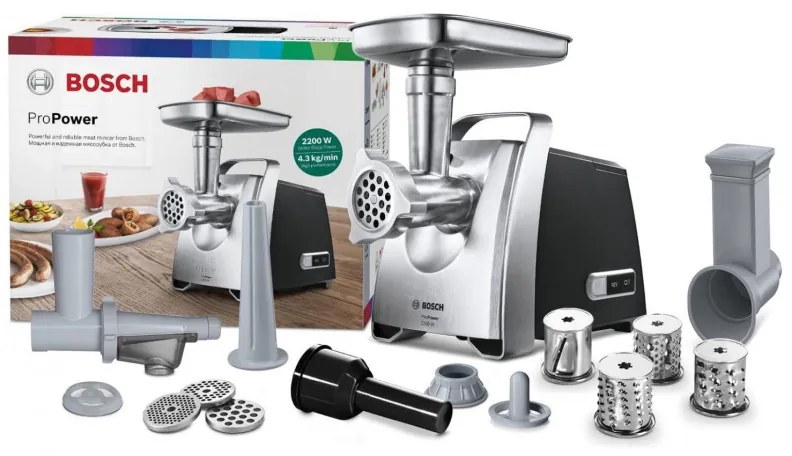 Mașină de tocat carne Bosch MFW68660, 2200W, atașament pentru roșii și cârnați, invers, 4,3 kg/min, Inox