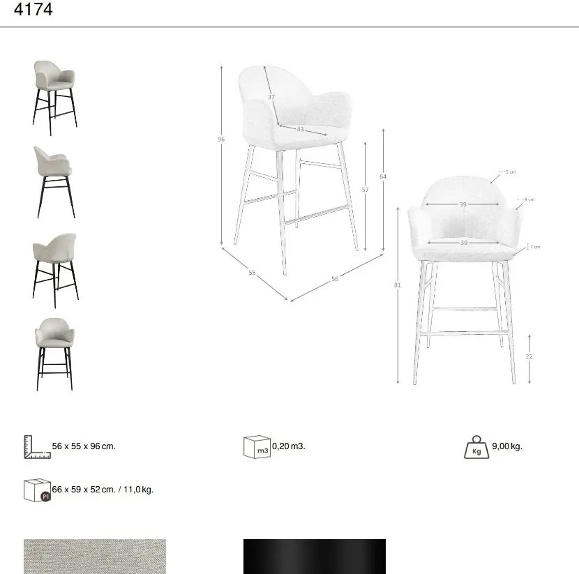 Scaun de bar design LUX, Metal, Tesatura, Light grey