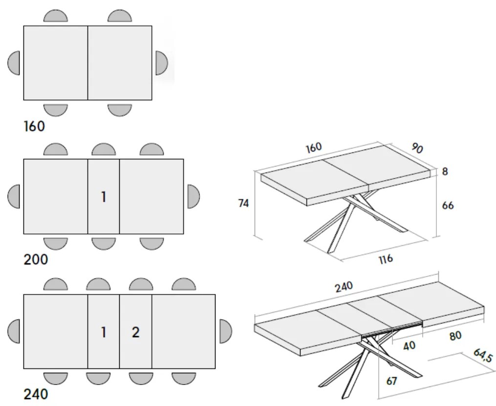 Masă Tifany extensibilă BLAT GRI CIMENT - 160 cm / 90 cm / h 77 - ALB