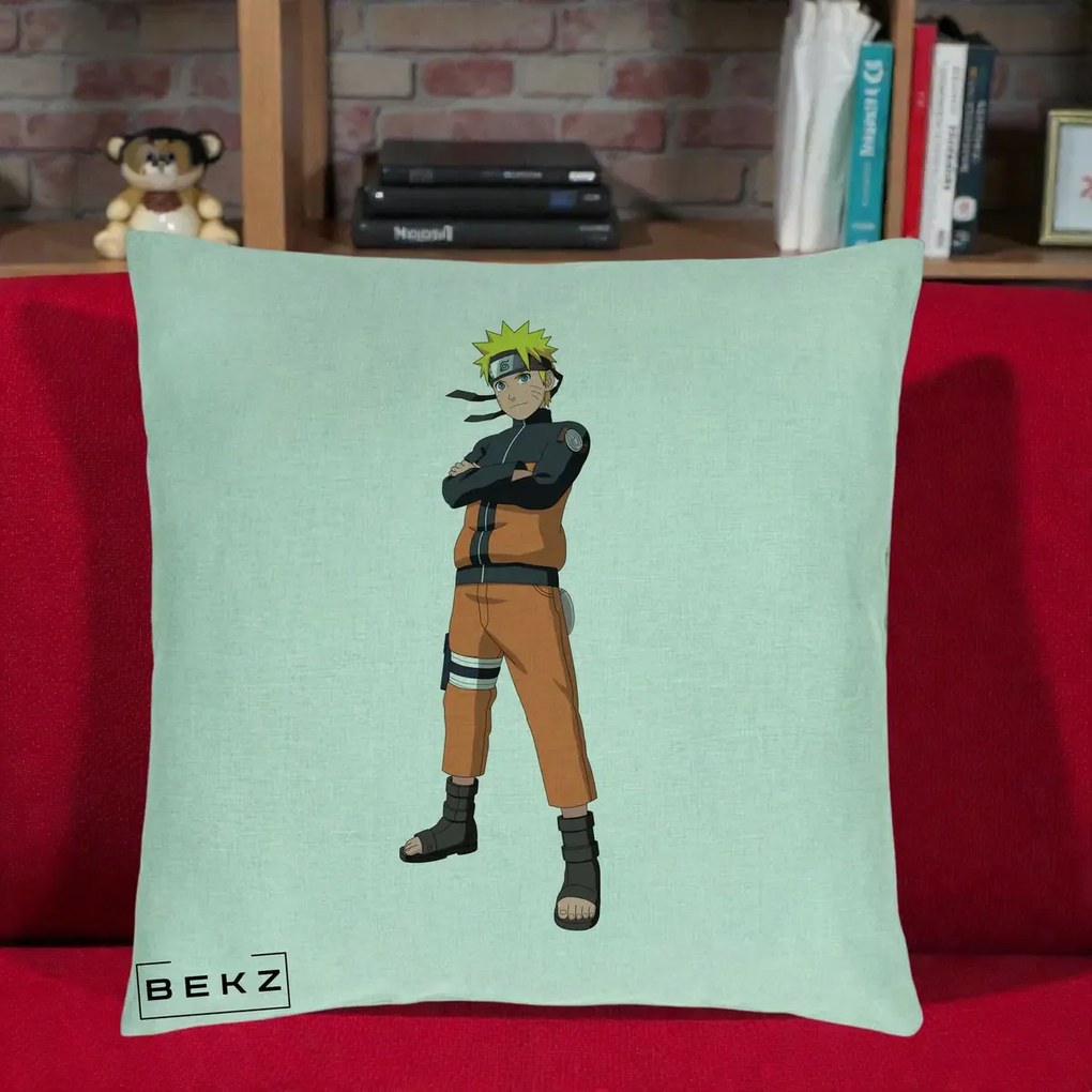 Perna Personalizata Naruto Uzumaki Portret Complet, 40x40 cm, Verde Menta, Husa Detasabila, Perna Inclusa, BEKZ®