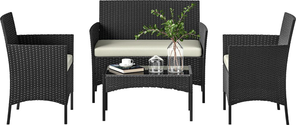 Outsunny Set Mobilier Grădină din Ratan Sintetic cu Canapea, Fotolii și Masă din Sticlă Securizată și Perne Negru și Crem | Aosom Romania