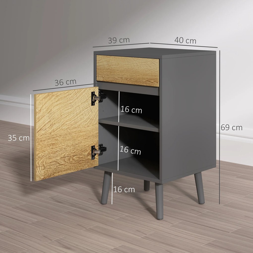 HOMCOM Lot de 2 noptiere masă de noapte cu sertare și dulap, stil modern, 40 x 39 x 69 cm, gri închis | Aosom Romania
