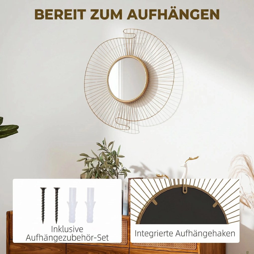 HOMCOM Oglindă Decorativă de Perete Rotundă, Design Modern cu Benzi Metalice și Ramă Plisată, Pentru Sufragerie, Dormitor și Hol, 60x60 cm, Auriu | Aosom Romania