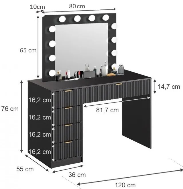 SEN22 - Set Masa toaleta cu riflaje, 120 cm, cosmetica, masuta machiaj, oglinda cu LED, cu sau fara scaun - Alb sau Negru
