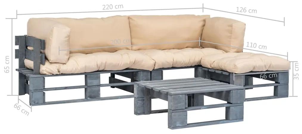 Set mobilier de gradina paleti cu perne nisipii, 4 piese, lemn grey and sand, 4