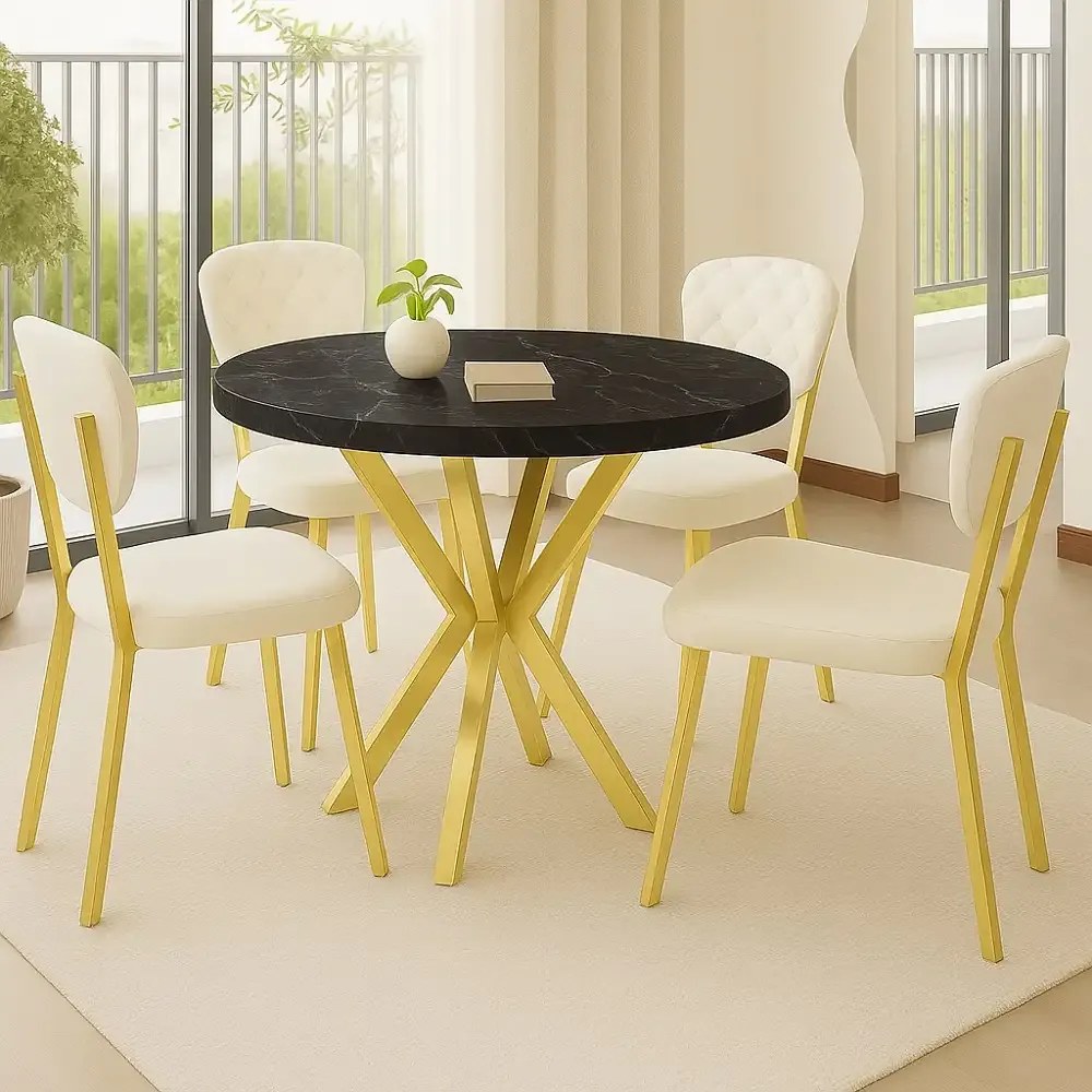 Masa de bucatarie rotunda din MDF, marmorat negru, texturata, Homs 80x80x75 cm