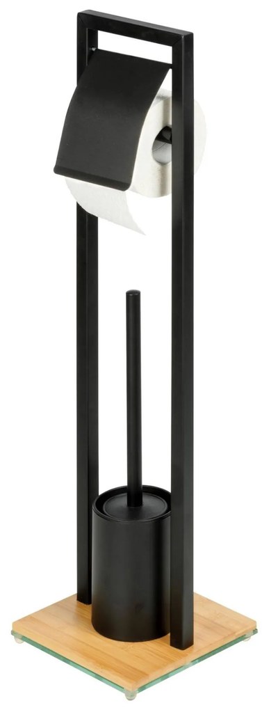 Suport pentru hartie igienica cu perie de toaleta BAMBOO, cu baza din bambus, negru, Wenko