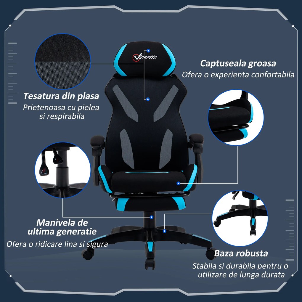 Vinsetto Scaun Gaming cu Suport Lombar, Scaun Birou Ergonomic cu Inălțime Reglabilă din Țesătură, 65x65x119-129 cm, Negru și Albastru | Aosom Romania